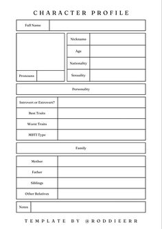 the character profile sheet is shown in black and white