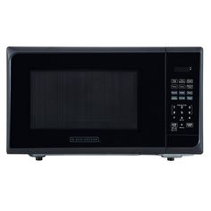 a black microwave oven sitting on top of a counter