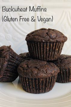 chocolate buckwheat muffins gluten free and vegan on a white plate