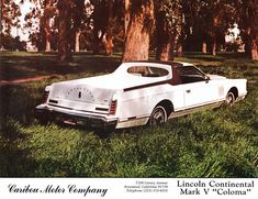 an advertisement for the lincoln continental mark v - colomar, featuring a car parked under a tree