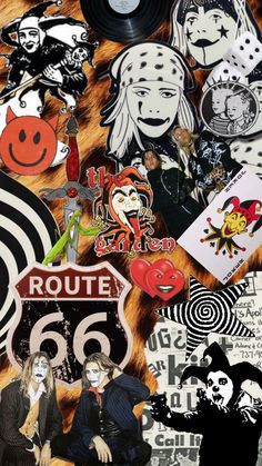 a collage of various stickers and decals on a wall in the shape of a route 66 sign