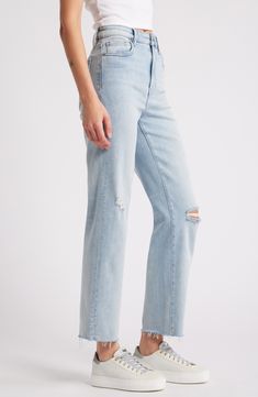 Made to look like well-loved favorites, these stretchy straight-leg jeans are distressed with threadbare rips, bleach splatters and ankle-grazing raw hems. 28" inseam; 11 1/2" front rise Zip fly with button closure Five-pocket style 93% cotton, 5% polyester, 2% spandex Machine wash, tumble dry Imported Distressed Straight Denim Jeans, Straight Distressed Denim Jeans, Fall Distressed Straight Leg Flare Jeans, Ripped Light Wash Flare Jeans In Rigid Denim, Ripped Light Wash Rigid Denim Flare Jeans, High Rise Ripped Light Wash Flare Jeans, Everyday Light Wash Distressed Flare Jeans, Spring Distressed Rigid Denim Jeans, Distressed Straight Leg Rigid Denim Jeans