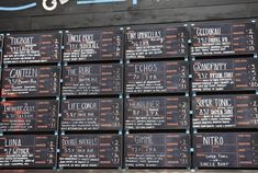 the menus on the wall are written in black and white letters with blue trim