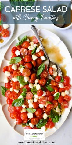 caprese salad with cherry tomatoes and mozzarella sauce on a white plate