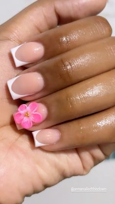 #summer #flowers #frenchnails Short Acrylic Nails Tropical, Short French Tip With 3d Flower, White Nail Designs With Flowers, Pink Orange Flower Nails, Holiday Nails Flowers, White French Tip With Flower Design, Minimalist Nails Almond Design, French Nail Designs Summer, Pink Flower Acrylic Nails