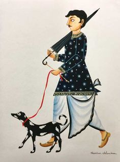 a painting of a man walking a dog on a leash with an umbrella over his head