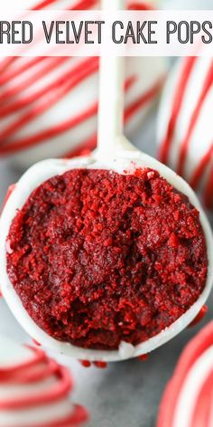 a spoon full of red velvet cake pops with white and red striped candies in the background