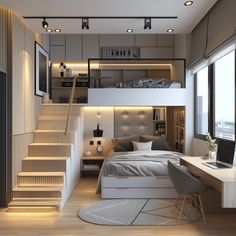 a bedroom with stairs leading up to the bed and desk area in front of it