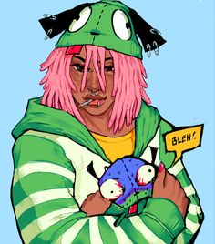 a drawing of a person with pink hair holding a stuffed animal