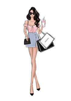 a drawing of a woman holding shopping bags and a drink in her hand, with the words chanel written on it