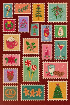 an old fashioned christmas postage stamp quilt with many different designs on it, including trees and decorations