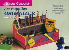 an advertisement for crayons art supplies organized in a storage container with markers and pencils