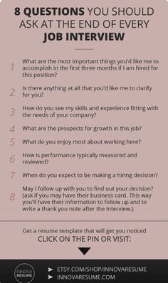 a pink poster with the words 8 questions you should ask at the end of every job interview