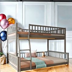 there is a bunk bed with balloons in the room