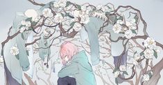 an anime character standing in front of a tree with white flowers on it's branches