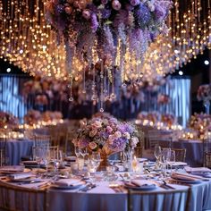 Wedding Reception Purple Theme, Purple Table Scape, Romantic Indoor Wedding Reception Decor, Pink And Purple Wedding Theme, Elegant Wedding Reception Ideas, Wedding Receiving Line, Spring Wedding Tablescapes, Purple Table Settings