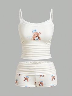 Regata e Short com Estampa Gráfica Cartoon e Acabamento em Renda Damasco Casual    Desenho Animado,Simples  Elasticidade alta  Women Clothing, size features are:Bust: ,Length: ,Sleeve Length: Cute Undershirts, Good Websites To Buy Clothes, Websites To Buy Cute Clothes, Coquette Clothes Shein, Shein Cute Tops, Tank Top Pjs, Mini Shirts, Shein Clothes