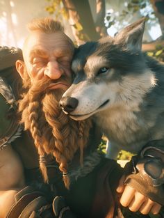 an image of a man with a wolf on his shoulder in the middle of a scene