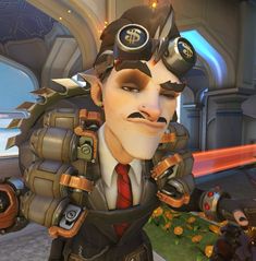 an animated man in a suit and tie with steampunks on his face