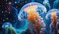 some jellyfish are swimming in the water