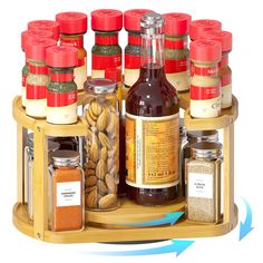 a wooden spice rack with jars and spices