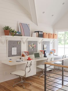 an instagram photo of a home office with desks and shelves on the wall