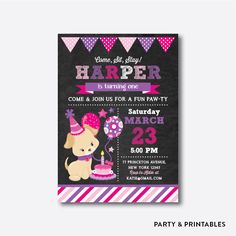 a pink and purple birthday party with a puppy on it's first birthday card