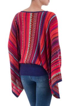 Peruvian Knit Bohemian Drape Sweater in Multicolor Pattern - Cuzco Dance | NOVICA Striped Kimono, Bright Sweater, Draped Sweater, Spirit Clothing, Fair Trade Clothing, Cusco Peru, Outfits To Wear, Kimono Sleeve, Wide Sleeves