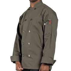 Dress your chefs in the best with this Uncommon Chef Orleans 0488 unisex olive customizable long sleeve chef coat. Made from a 7.5 oz., 65/35 poly-cotton twill blend, this jacket is lightweight, comfortable, looks professional, and is durable enough to stand up to any foodservice environment. Each jacket has long sleeves that keep arms and skin safe from hot cooking environments. A utility shoulder pocket is on one sleeve of the jacket and is the perfect spot to store thermometers or pens. Plus, Professional Long Sleeve Solid Outerwear, Professional Solid Long Sleeve Outerwear, Fitted Long Sleeve Uniforms For Fall, Long Sleeve Workwear Uniforms, Green Long Sleeve Uniform Outerwear, Chef Coat, Professional Presentation, Olive Color, Cotton Twill