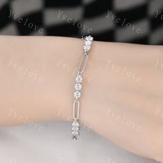 Moissanite Bracelet,Paperclip Bracelet,Chain Bracelet,925 Sterling silver Bracelet,Minimalist Bracelet, Dainty Bracelet,Bridal Gift for Her ITEM SPECIFICATIONS:  Center Stone: 3mm round shape moissanite or real diamond, approx 1.68ct Bracelet length: 6 inch/15cm 6.5 inch/16cm 7 inch/18cm 7.5 inch/19cm 8 inch/20cm Our Service: All sizes available,please feel free to contact me if you need another sizes. Payment Plan:We offer payment plan,you can pay weekly or monthly,we will keep your rings as lo Silver Moissanite Bracelet For Anniversary, Sterling Silver Moissanite Bracelet As Gift, Sterling Silver Bangle Bracelet With Cubic Zirconia, Sterling Silver Cubic Zirconia Bangle Bracelet, Elegant White Sterling Silver Crystal Bracelet, White Cubic Zirconia Sterling Silver Bangle, Sterling Silver Wedding Chain Bracelet Fine Jewelry, Sterling Silver Wedding Chain Bracelet, Silver Dainty Hand-set Tennis Bracelet