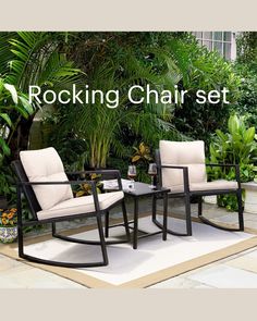 the rocking chair set has two chairs and a coffee table in front of some plants