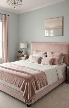 a bedroom with a pink bed, chandelier and two nightstands in front of a window