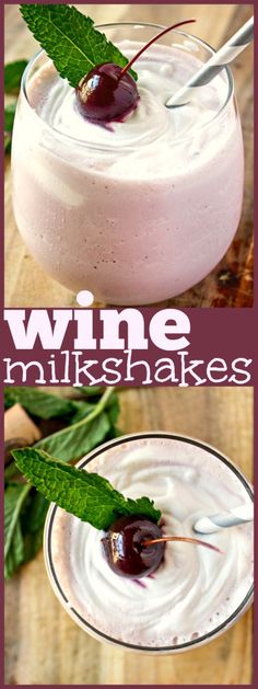 two glasses filled with whipped cream and topped with cherries, on top of a wooden table