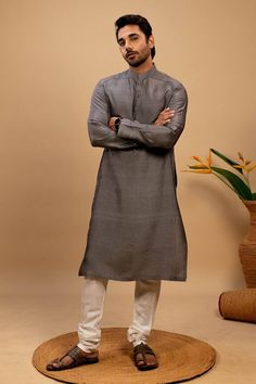 Ivory nehru jacket with placement, quilted patch work with floral embroidery. Paired with an inner grey kurta and churidar. - Aza Fashions Grey Kurta, Kurta Set For Men, Floral Patches, Nehru Jacket, Nehru Jackets, Gray Silk, Patch Work, Fashion App, Churidar