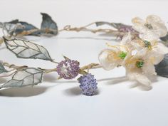 Botanical bramble crown. Handcrafted with plant-dyed silk. Intricately crafted with embroidered silk leaves on a silk-covered wire vine; interspersed with delicate ivory flowers and hand-beaded silk berries in different stages of ripeness. The vine is wound around a silk-covered wire circlet, built of a sturdy millinery wire to give structure and strength to the crown. All components have wire stems, allowing them to be adjusted and re-positioned. An exquisite heirloom piece, inspired by the bea Wire Circlet, Blackberry Vine, Wire Vine, Small Silk Scarf, Silk Face Mask, Botanical Dyeing, Bridal Flower, Ivory Flowers, Plant Dyes