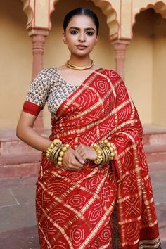 Red gharchola bandhani gajji silk saree with ajrakh hand block print zari pallu. Comes with ajrakh hand block print beige unstitched blouse piece. - Aza Fashions Gajji Silk Saree, Hand Block Print, Blouse Piece, Aza Fashion, Silk Saree, Jaipur, Block Print, Silk Sarees, Saree