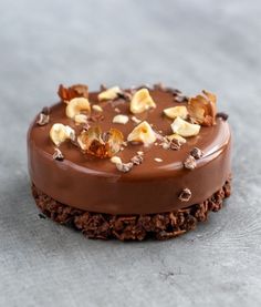 a chocolate cake topped with nuts on top of a gray countertop next to a fork