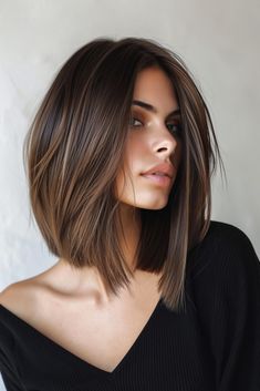 Brunette Clavicut, Bobcut Hairstyles Medium, Brunette Textured Long Bob, Straight Brunette Bob, Youthful Haircuts, Chocolate Brown Hair Shoulder Length Straight, Dark Brown Long Bob Straight, Sleek Short Hair, Fall Hair Color For Brunettes