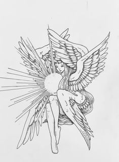 a pencil drawing of an angel holding a flag