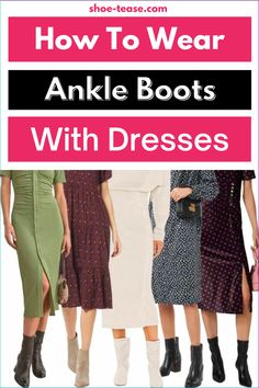 If you're looking for how to wear ankle boots with dresses in different styles, colors and dress types, you've come to the right place! Ankle boots are the fashion darling of all boots. Of course, they are the go-to boots to wear with dresses – all sorts of dresses! These are amazingly versatile boots to have in your closet. I've even included them as an essential item in any woman's capsule shoe wardrobe! Sweater Dress Outfit Winter Ankle Boots, Low Ankle Boots Outfits Dress, A Line Skirt With Boots, Shoes For Knee Length Dress Winter, Long Heeled Boots Outfit, Fall Dresses With Boots Ankle Booties Midi, Work Dresses With Boots, Party Boots Outfit, How To Wear Boots To Work