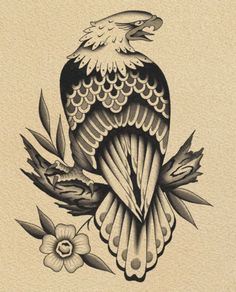 a drawing of an eagle sitting on top of a branch with leaves and flowers around it