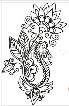 a drawing of a flower with swirls and leaves on the bottom half of it