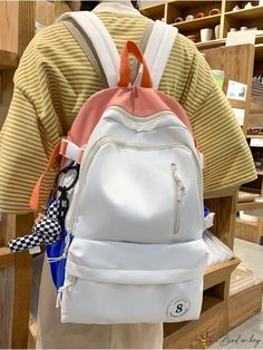 BirdinBag - Stylish Colorblock Backpack with Release Buckle - Fashionable and Functional White Large Capacity Shoulder Bag For Back To School, White Shoulder Bag Backpack With Zipper, White Shoulder Bag Large Capacity For Back To School, Back To School White Shoulder Bag With Large Capacity, White Backpack With Zipper For Back To School, White Backpack For Back To School With Zipper, White Backpack With Zipper Closure For Back To School, Rectangular White Backpack For Students, White Laptop Shoulder Bag