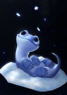 a blue and white animal sitting on top of a snow covered ground with stars in the sky