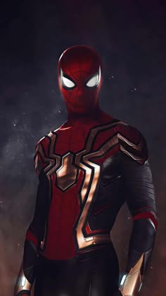 a spider - man standing in front of a dark background with fire coming out of his chest