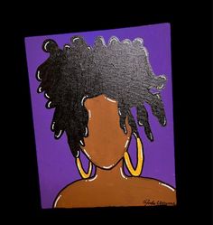 a painting of a woman's head with black hair and yellow hoop earrings on purple background