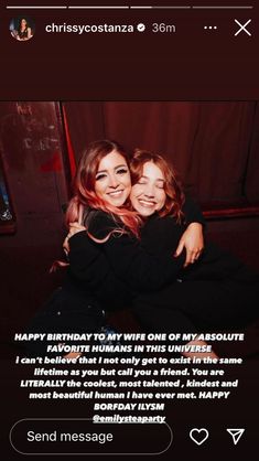 two women hugging each other with the caption happy birthday to my wife of my life