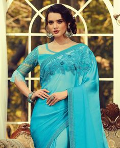 Bright Sky Blue Designer Embroidered Silk Party Wear Saree-Saira's Boutique Eugeniya Belousova, Hot Sarees, Sky Blue Fabric, Off White Fashion, Resham Embroidery, Party Wear Saree, Indian Dress, Wear Saree, Designer Dresses Indian