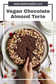 vegan chocolate almond torte on a white plate with the title text overlay