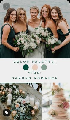 the bridesmaids are posing in front of their wedding cake and bouquets with candles